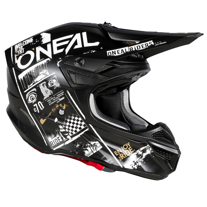 black and white stripe motorcycle helmet O'Neal 5 SRS Attack V.23 Helmet Black/White – Motor Psycho Sport