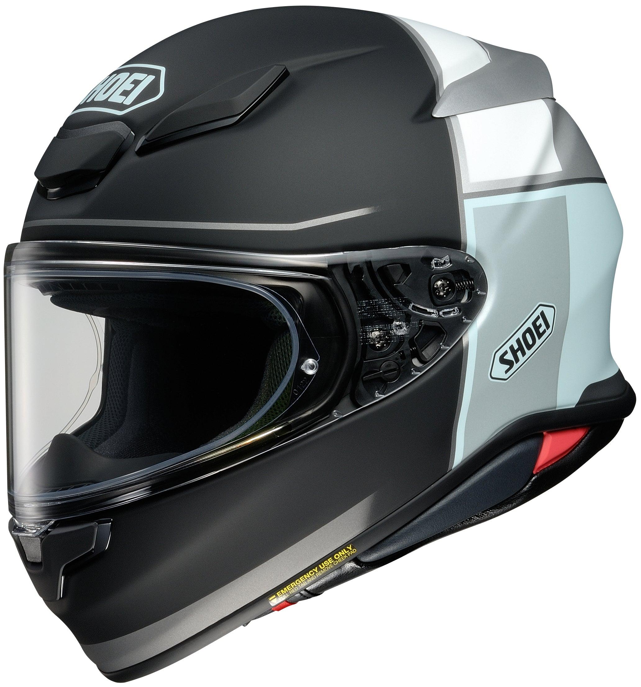 blue and silver motorcycle helmet Shoei RF-1400 Yonder Helmet
