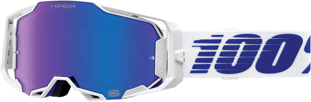 100% Armega Goggles - Izi White/Blue Frame - HiPER Blue Mirror Lens - Motor Psycho Sport