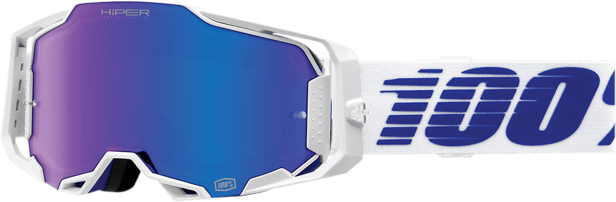 100% Armega Goggles - Izi White/Blue Frame - HiPER Blue Mirror Lens - Motor Psycho Sport