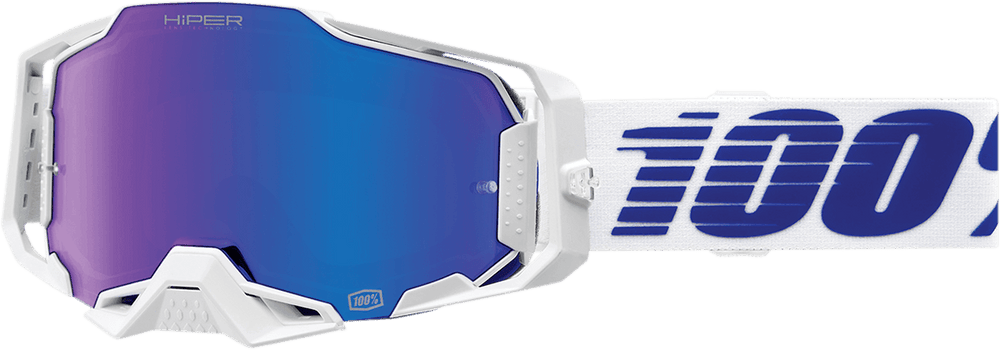 100% Armega Goggles - Izi White/Blue Frame - HiPER Blue Mirror Lens - Motor Psycho Sport