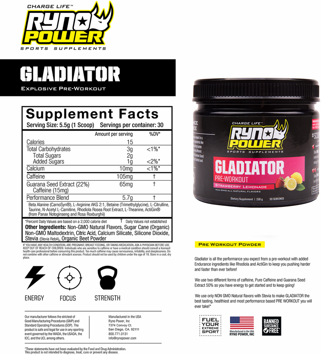 Ryno Power Gladiator Pre-Workout Drink Mix - Strawberry Lemonade