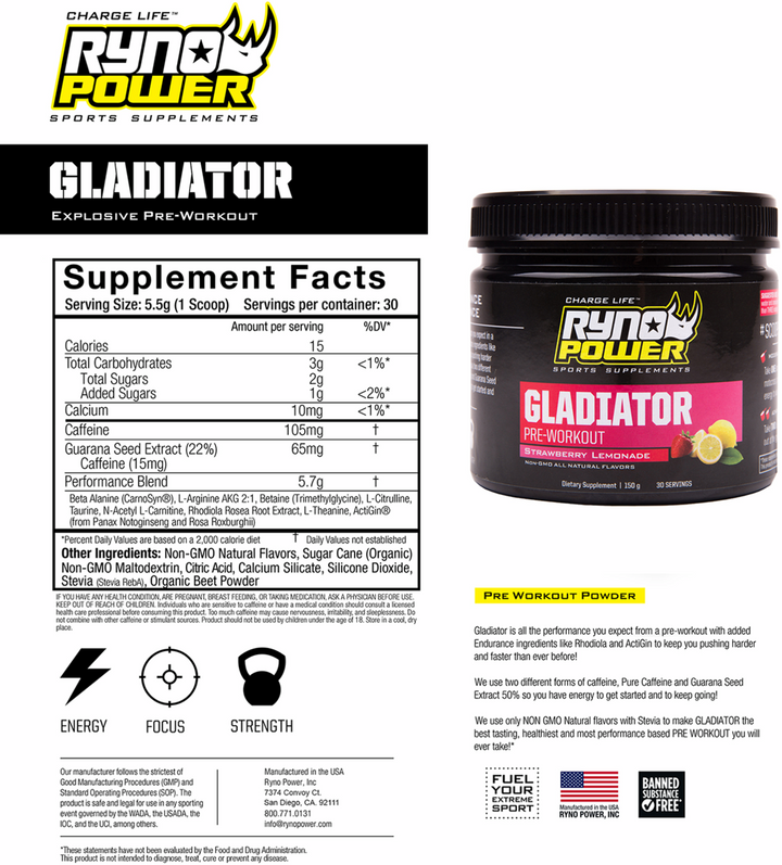 Ryno Power Gladiator Pre-Workout Drink Mix - Strawberry Lemonade
