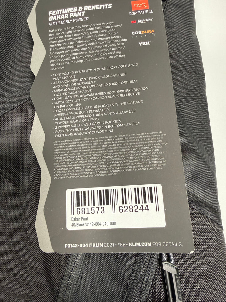 KLIM DAKAR PANT - BLACK - Size 40 reg - OPEN BOX