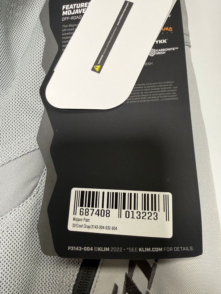 KLIM MOJAVE PANT - COOL GRAY - Size 32 - OPEN BOX - FINAL SALE/ NO RETURNS