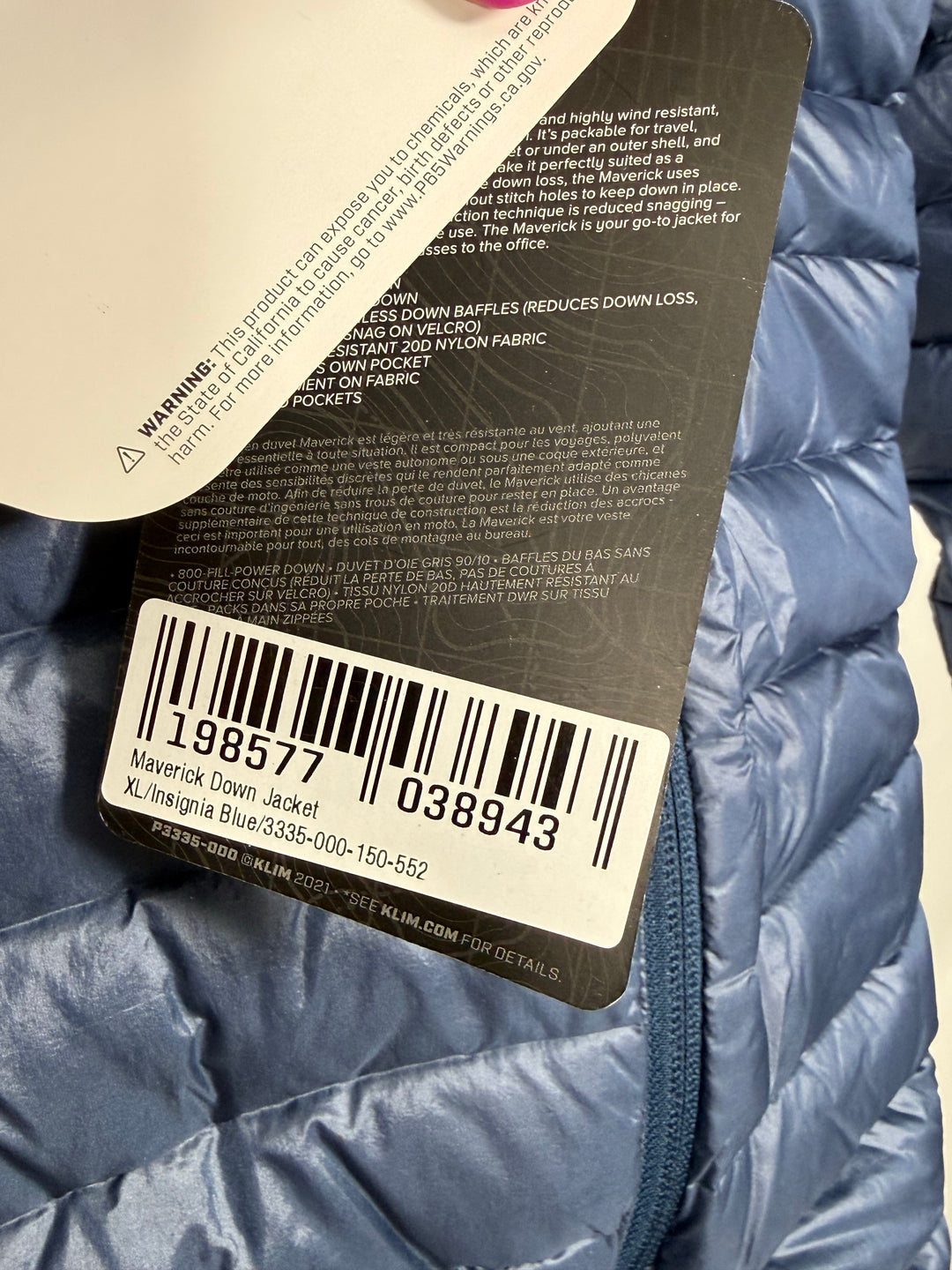 KLIM MAVERICK DOWN JACKET - INSIGNIA BLUE - Size XL - OPEN BOX - FINAL SALE / NO RETURNS