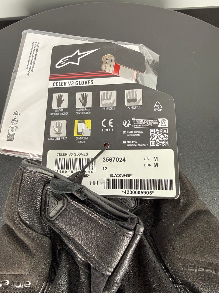 ALPINESTARS CELER V3 GLOVES - BLACK/WHITE - Size M - OPEN BOX