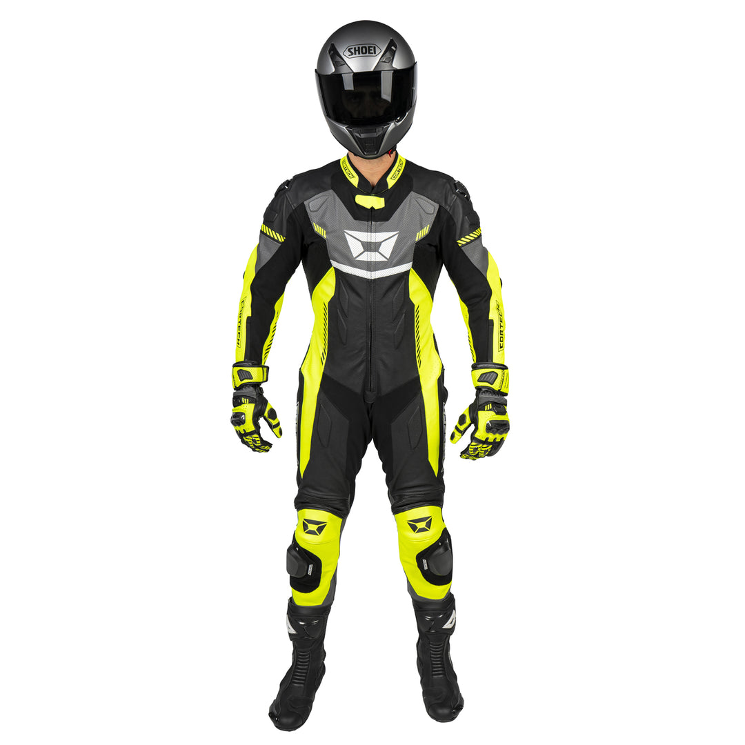 Cortech Revo Sport Air Men's 1-Piece Leather Suit - Black/Hi-Viz/Gun
