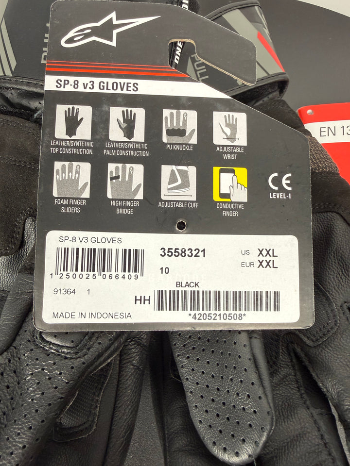ALPINESTARS SP-8 V3 LEATHER GLOVES - BLACK - Size XXL - OPEN BOX - FINAL SALE / NO RETURNS