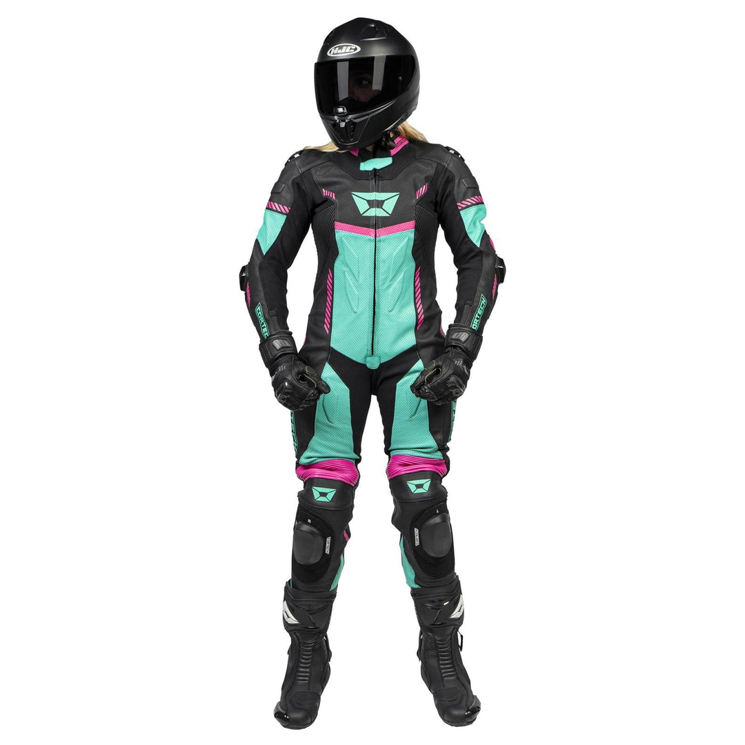 Cortech Revo Sport Air Women's 1-Piece Leather Suit - Black/Teal - Motor Psycho Sport