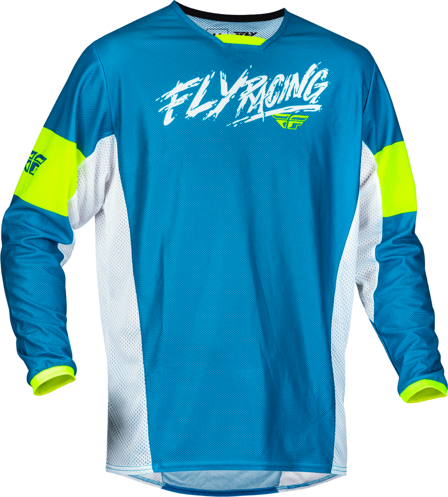 Fly Racing Yth Kinetic Mesh Khaos Jersey Blue/White/Hi-Vis - Motor Psycho Sport