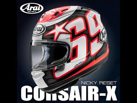 arai corsair-x nicky reset helmet - yet lighter shell with excellent Glancing Off properties Arai Corsair-X Helmet - Nicky