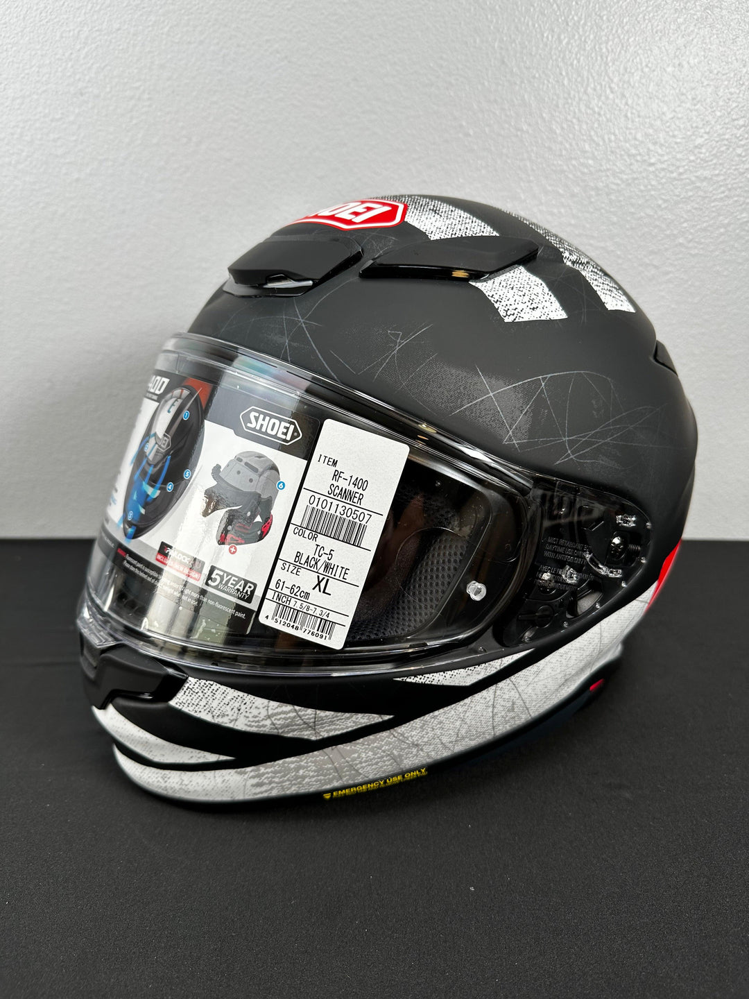 Shoei RF-1400 Scanner Helmet - TC-5 Matte Black/White - Size XL - OPEN BOX - Motor Psycho Sport